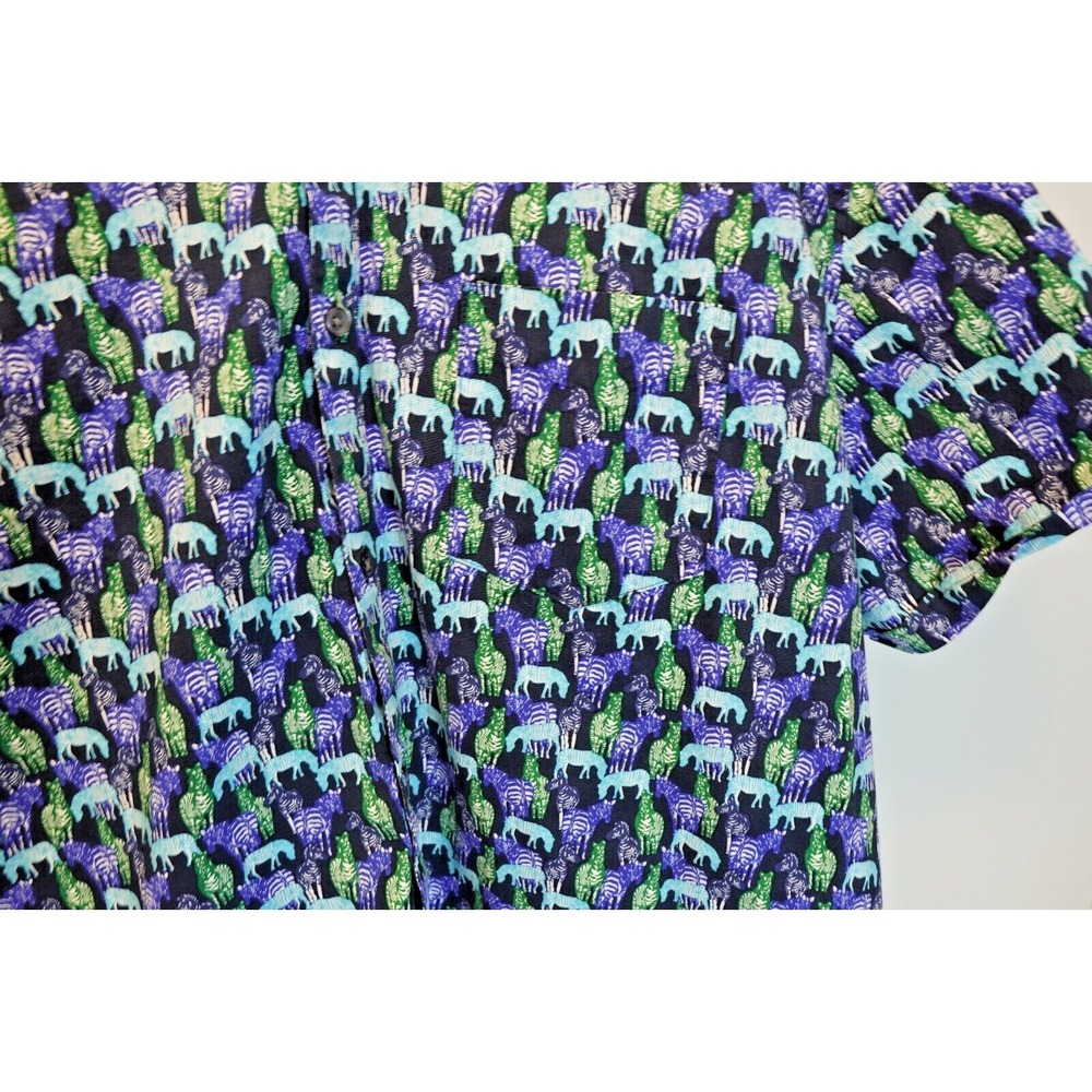 Marc Anthony Blue Zebra Print Luxury Slim Fit Short Sleeve Button Shirt Mens 2XL